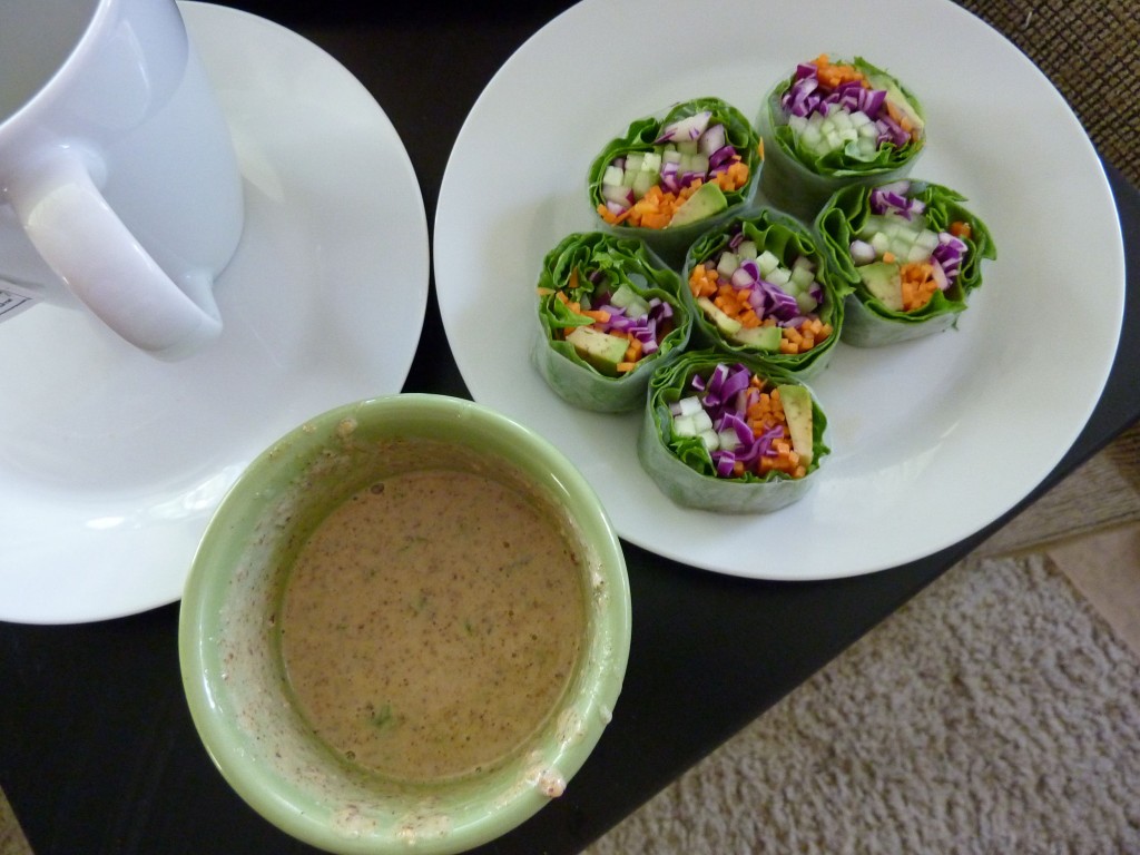 healthy spring rolls with homemade almond coconut dressing