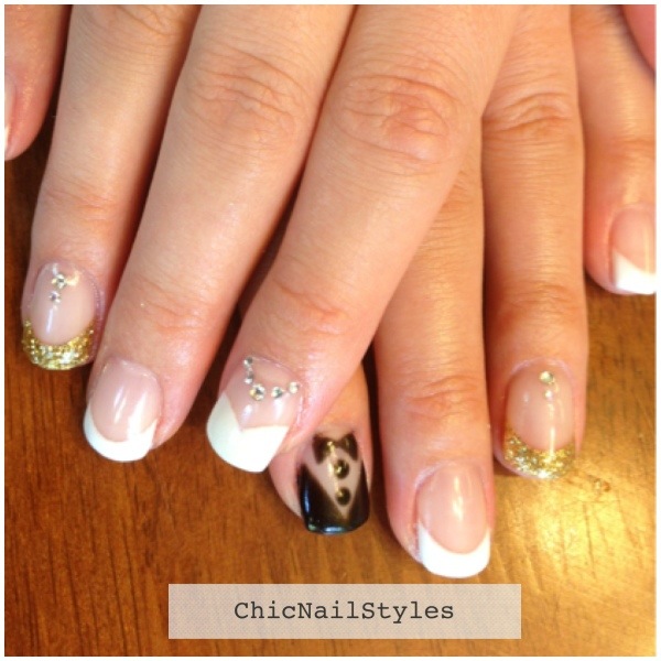 , white, and gold wedding nails with tuxedo and wedding dress nail ...