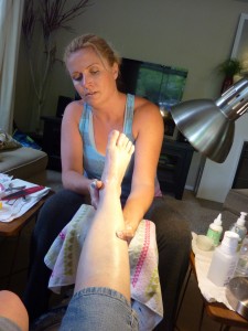Here I am working hard! Wear comfy clothes when you give your mom her pedi!